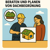 Planung und Beratung für intensive Dachbegrünung und Schrägdachbegrünung: Fachberater und Kunde besprechen technische Anforderungen, Statik, Bewässerungssysteme und Aufbau der Dachbegrünung, um einen automatisierten, funktionsfähigen Dachgarten zu realisieren und die Begrünung dauerhaft sicher am Schrägdach halten und zu erhalten.