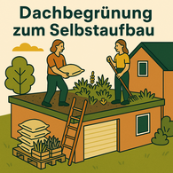 Das Bild zeigt einen kompletten Bausatz für eine Dachbegrünung zum Selbstaufbau von Dachbegrünung Schäfer. Zu sehen sind alle wichtigen Komponenten wie Dränageelemente, Schutzmatte, Substratsäcke, Sedumsprossen und weiteres Zubehör, das für die Begrünung eines Flachdachs, einer Garage oder eines Gartenhauses benötigt wird. Die Darstellung vermittelt, wie einfach und strukturiert der Selbstaufbau eines Gründachs mit dem Bausatz gelingt. Der Fokus liegt auf der hochwertigen Qualität der Materialien, der übersichtlichen Zusammenstellung und der Möglichkeit, bundesweit verschiedene Varianten für unterschiedliche Dachgrößen zu bestellen. Das Bild unterstreicht die Idee, dass Hausbesitzer ihr Dach mit wenig Aufwand selbst in eine pflegeleichte, nachhaltige und optisch ansprechende grüne Oase verwandeln können.