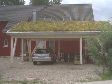 Schrägdach‑Begrünung mit angepasstem Systemaufbau, Erosionsschutz und pflegeleichten Sedum‑Matten.