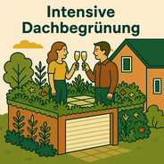 Intensive Dachbegrünung auf einem modernen Flachdach mit üppigen Pflanzen und nutzbarem Dachgarten – professionelle Umsetzung von Dachbegrünung Schäfer für nachhaltige, begrünte Dächer.
